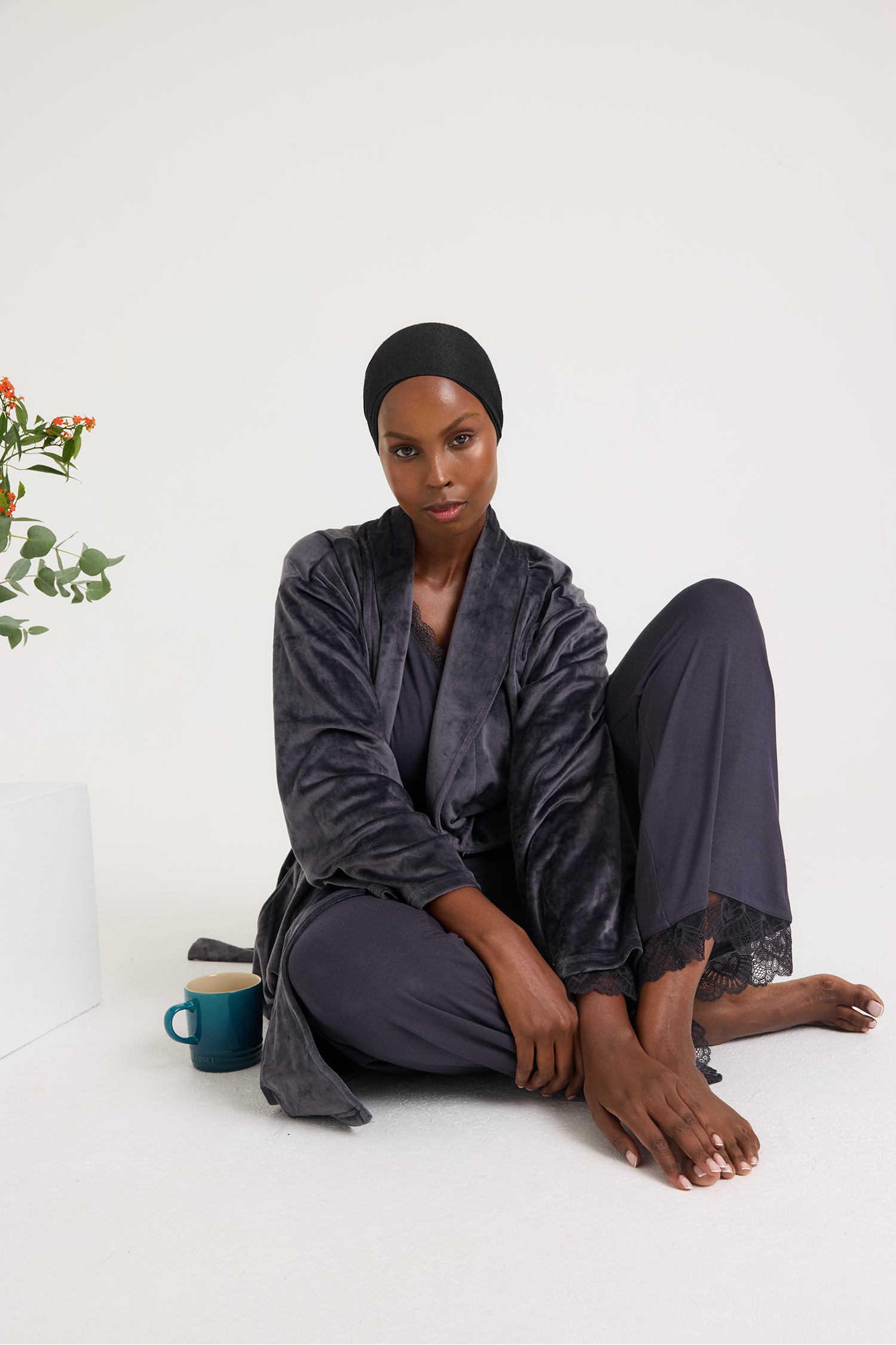 Velour Longline Dressing Gown in Raven