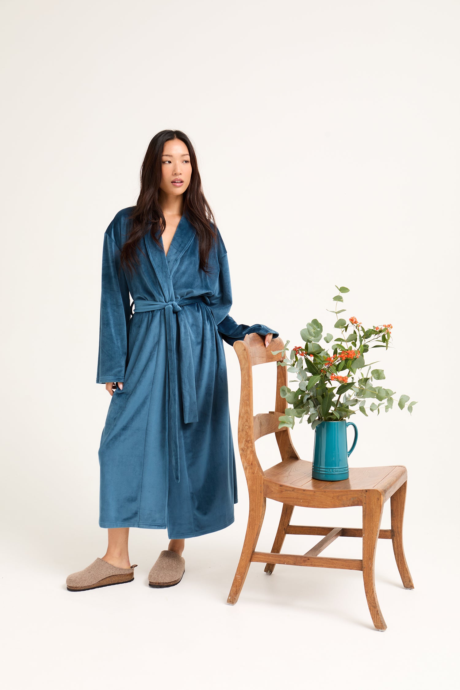 Velour Longline Dressing Gown in Teal