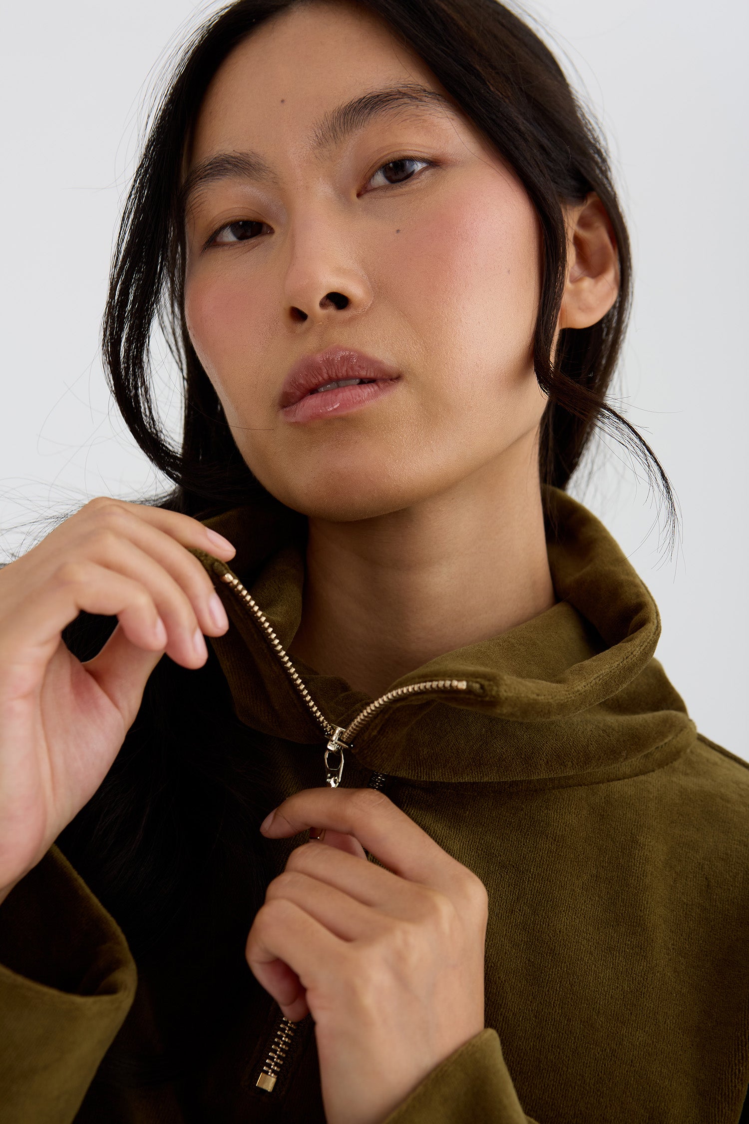 Velour Lounge Funnel Neck Top In Olive