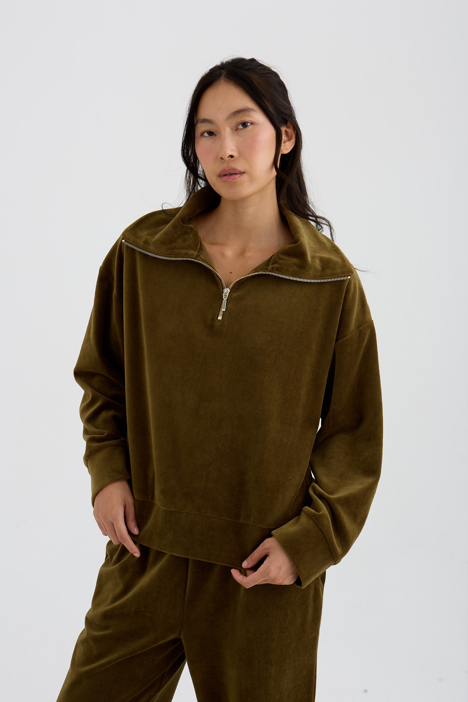 Velour Lounge Funnel Neck Top In Olive