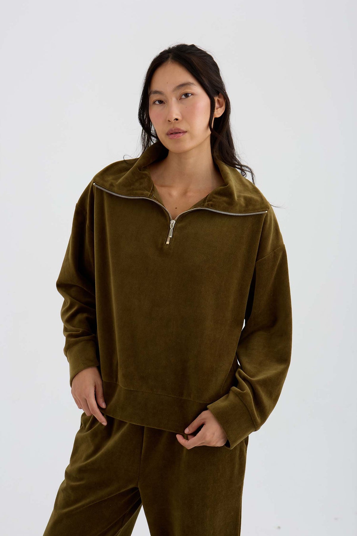 Velour Lounge Funnel Neck Top In Olive