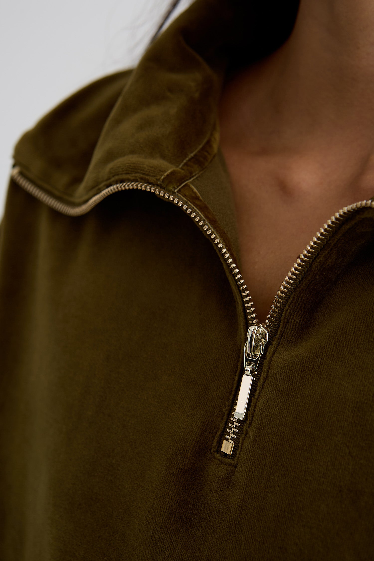 Velour Lounge Funnel Neck Top In Olive