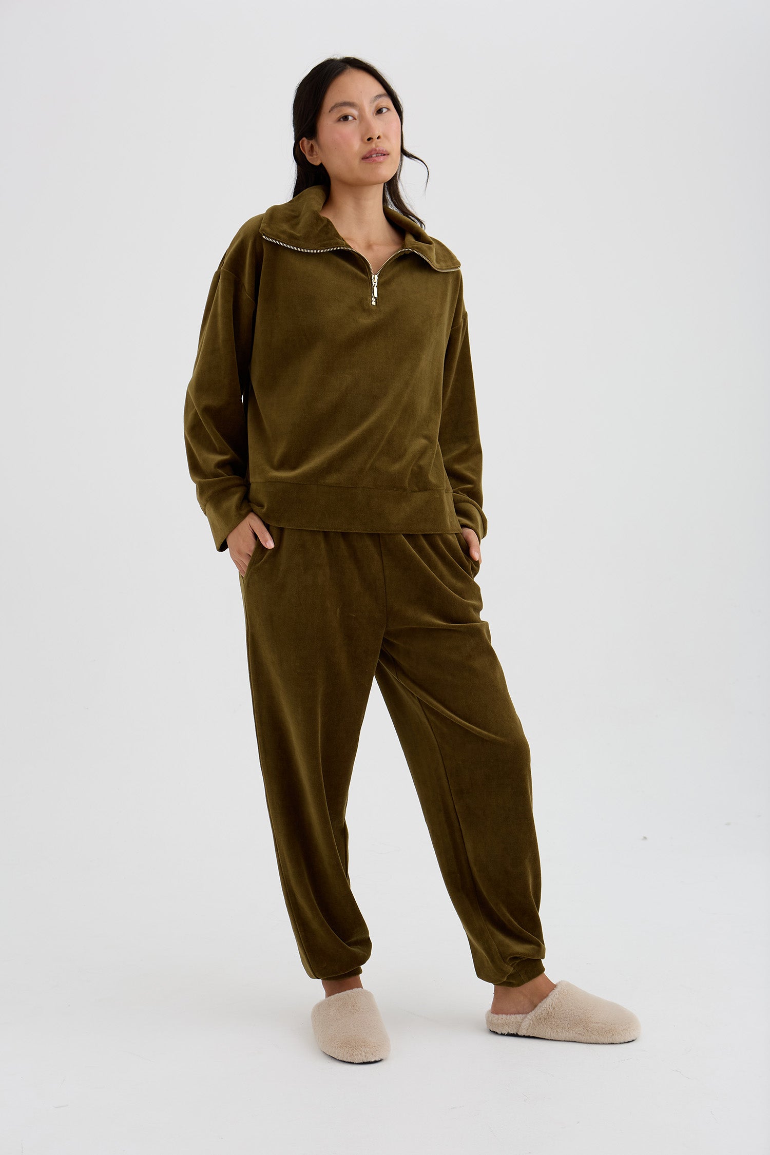 Velour Lounge Funnel Neck Top In Olive