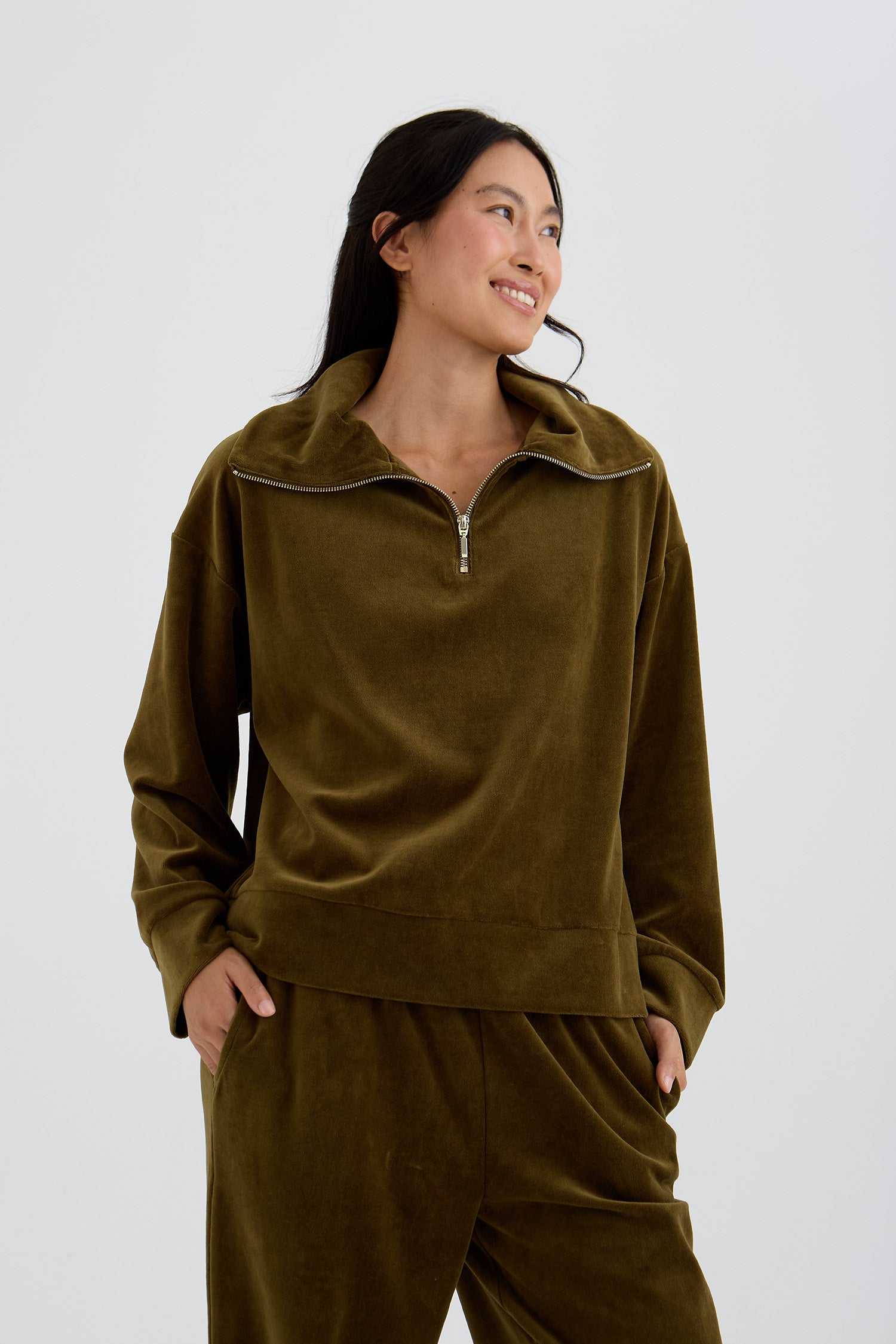 Velour Lounge Funnel Neck Top In Olive