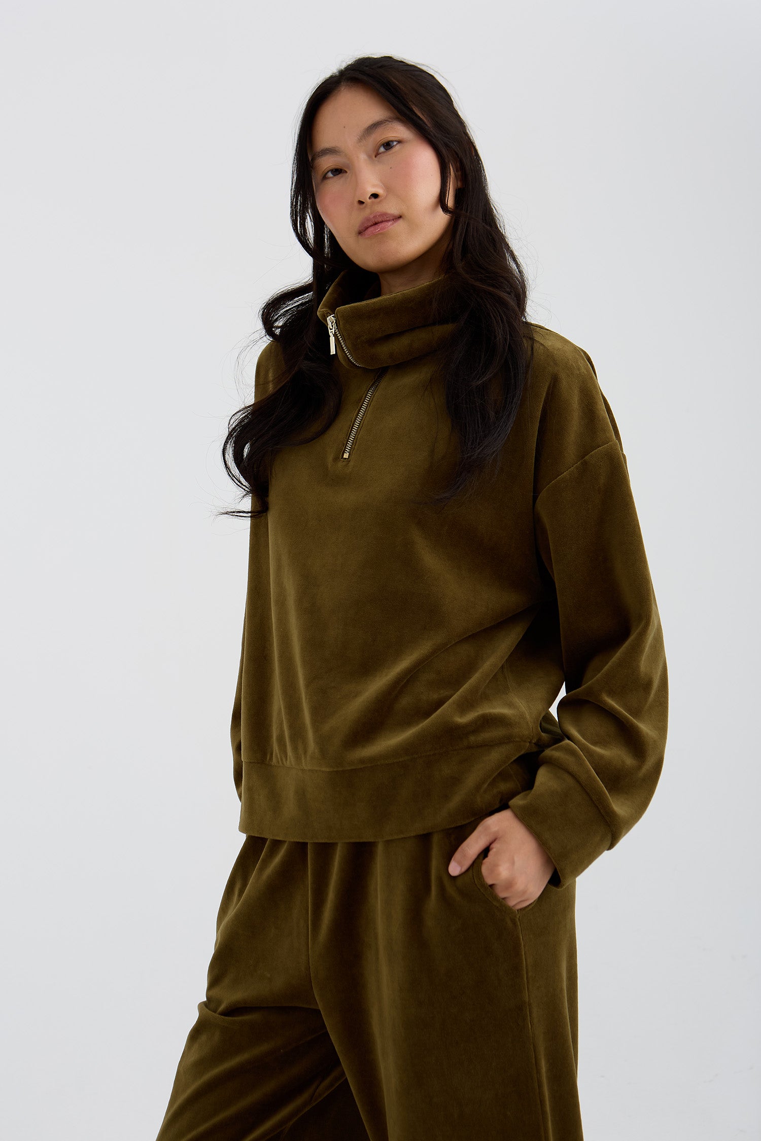 Velour Lounge Funnel Neck Top In Olive