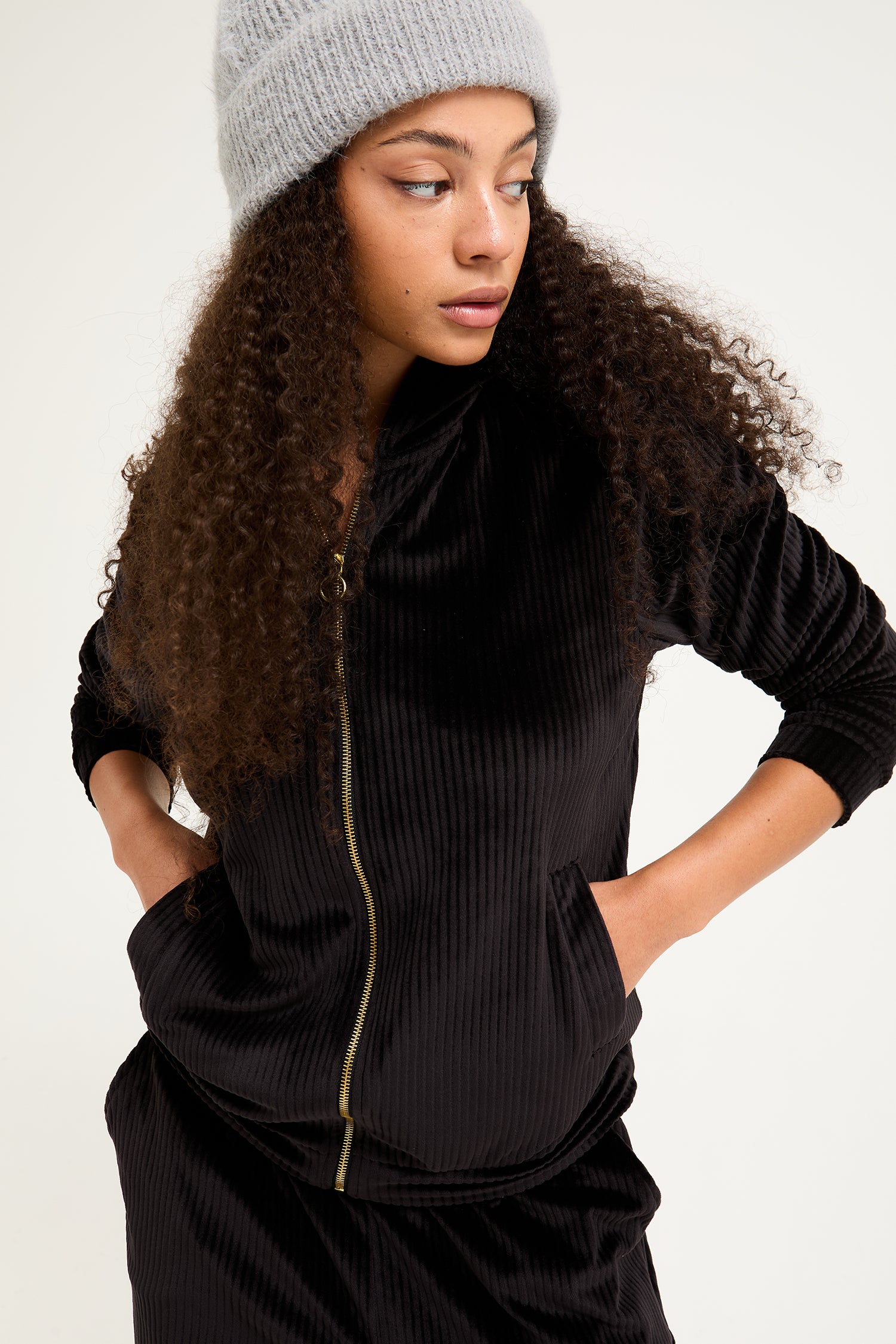 Velour Hoody Jogger Set in Black