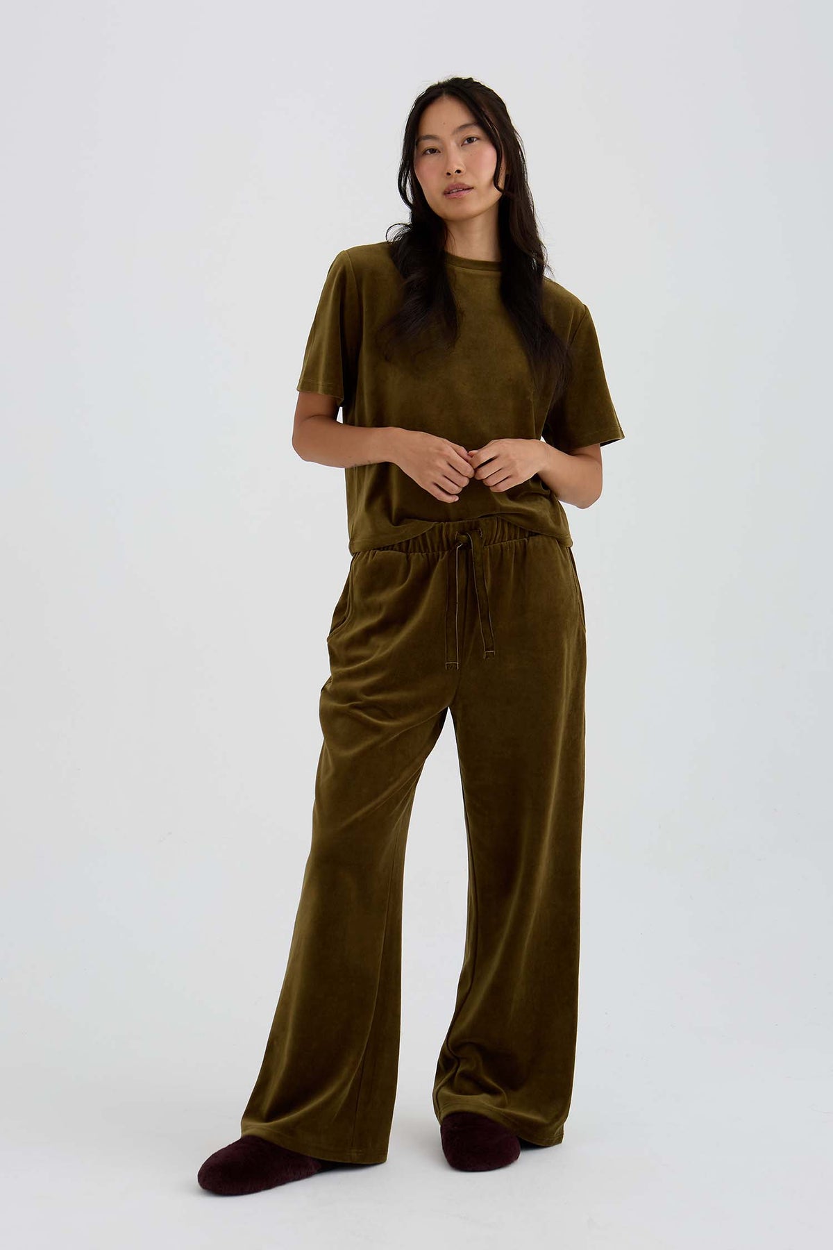 Velour Lounge Wide Leg Trousers In Olive
