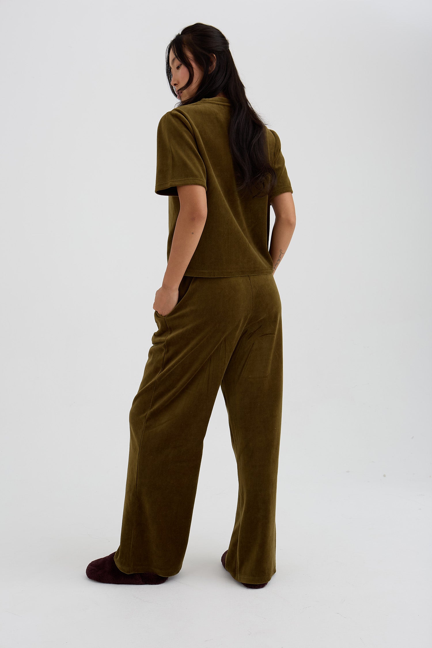 Velour Lounge Wide Leg Trousers In Olive
