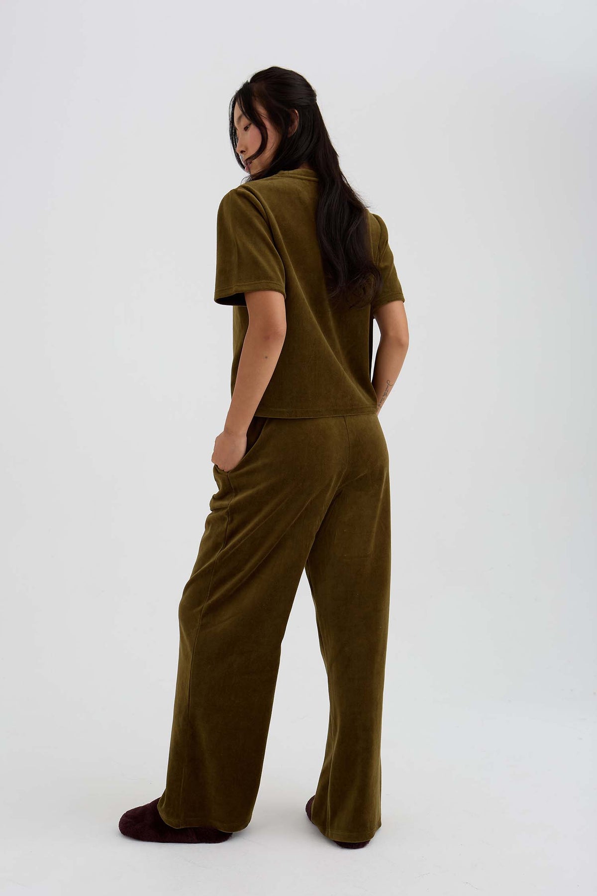 Velour Lounge Wide Leg Trousers In Olive