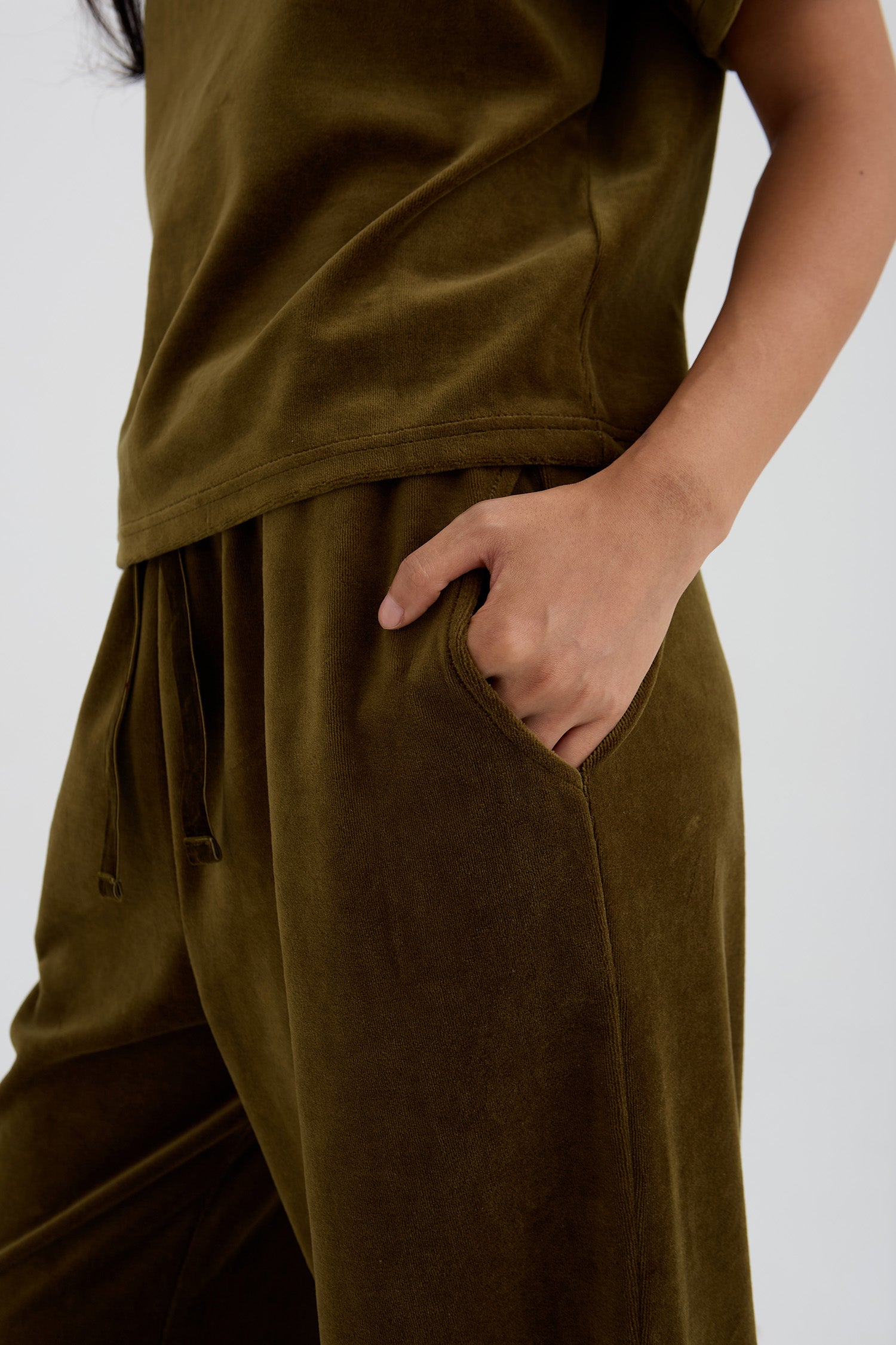 Velour Lounge Wide Leg Trousers In Olive