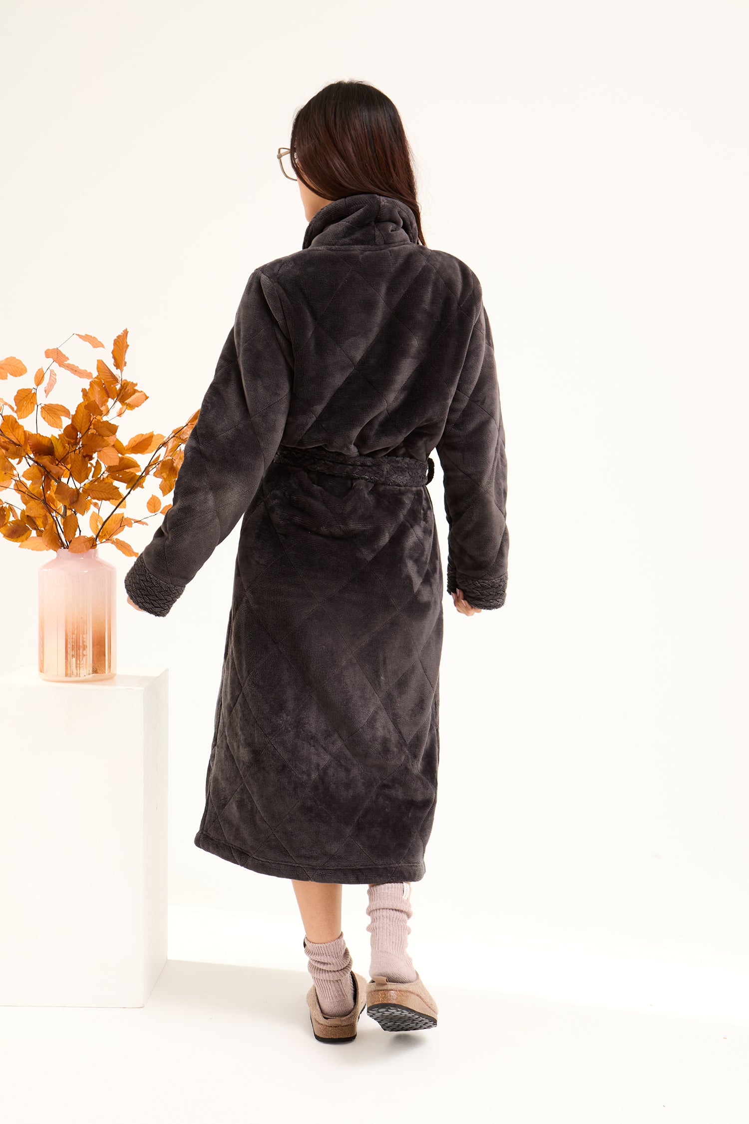 Quilted Velour Dressing Gown in Raven
