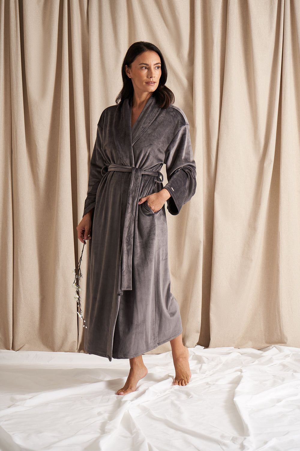 Velour Longline Robe in Raven