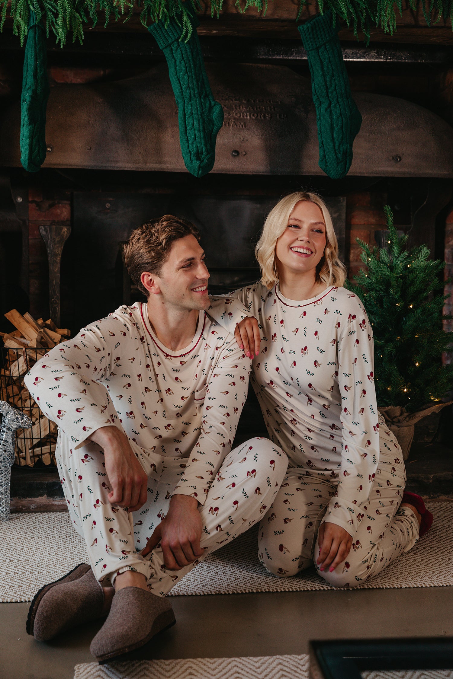 His and Hers Bamboo Festive Pyjama Set in Robin Print