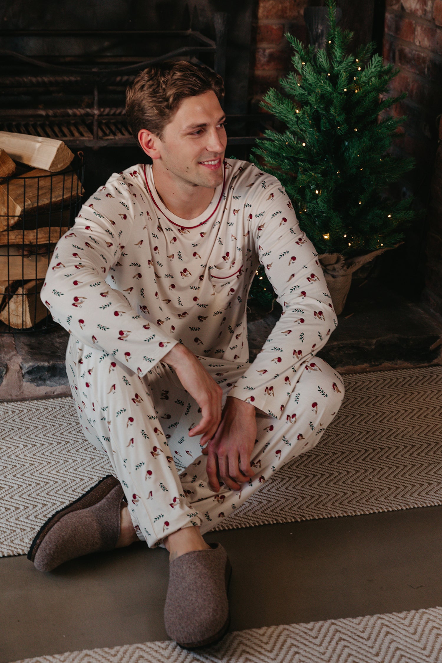Mister You Bamboo Festive Pyjama Set in Robin Print