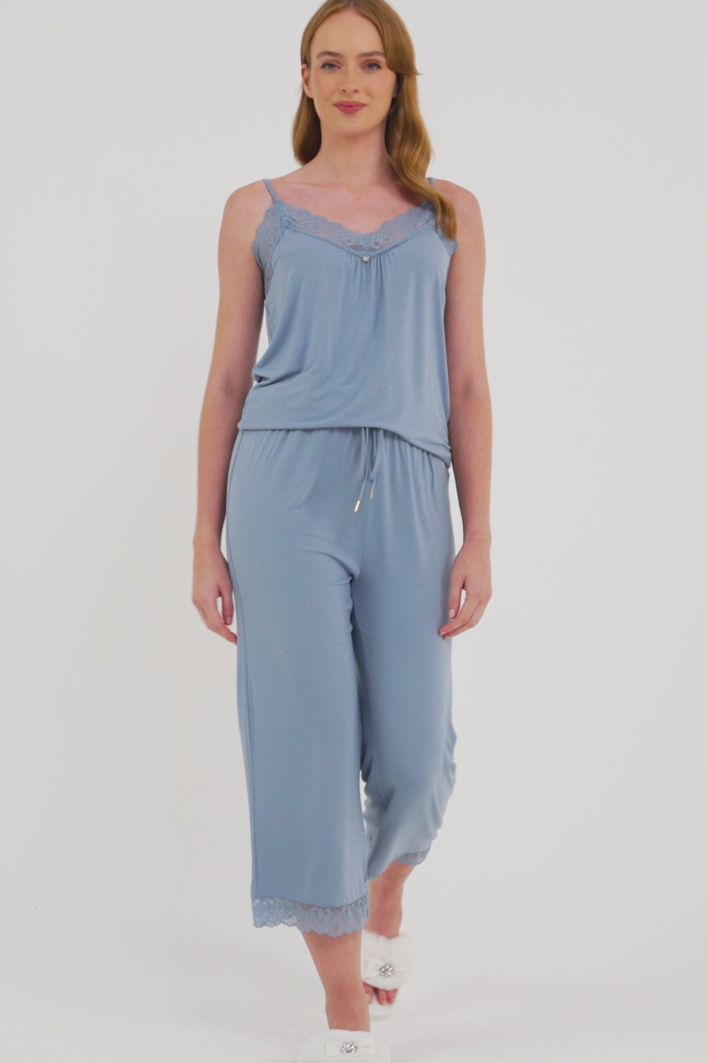 
                  
                    Load and play video in Gallery viewer, Bamboo Lace Cami Cropped Trouser Pajama Set in Blue Mist
                  
                