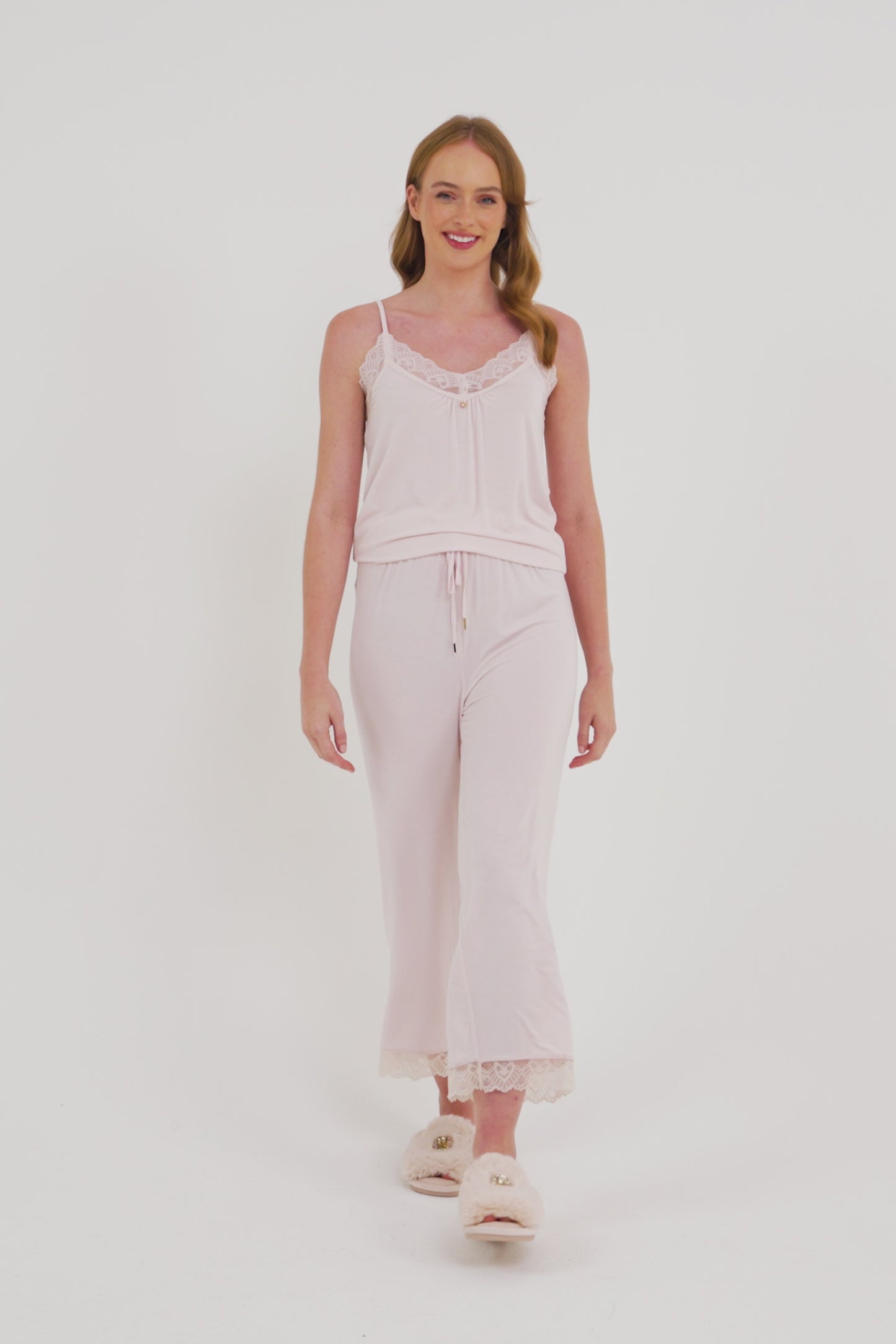 
                  
                    Load and play video in Gallery viewer, Bamboo Lace Cami Cropped Trouser Pajama Set in Powder Puff
                  
                
