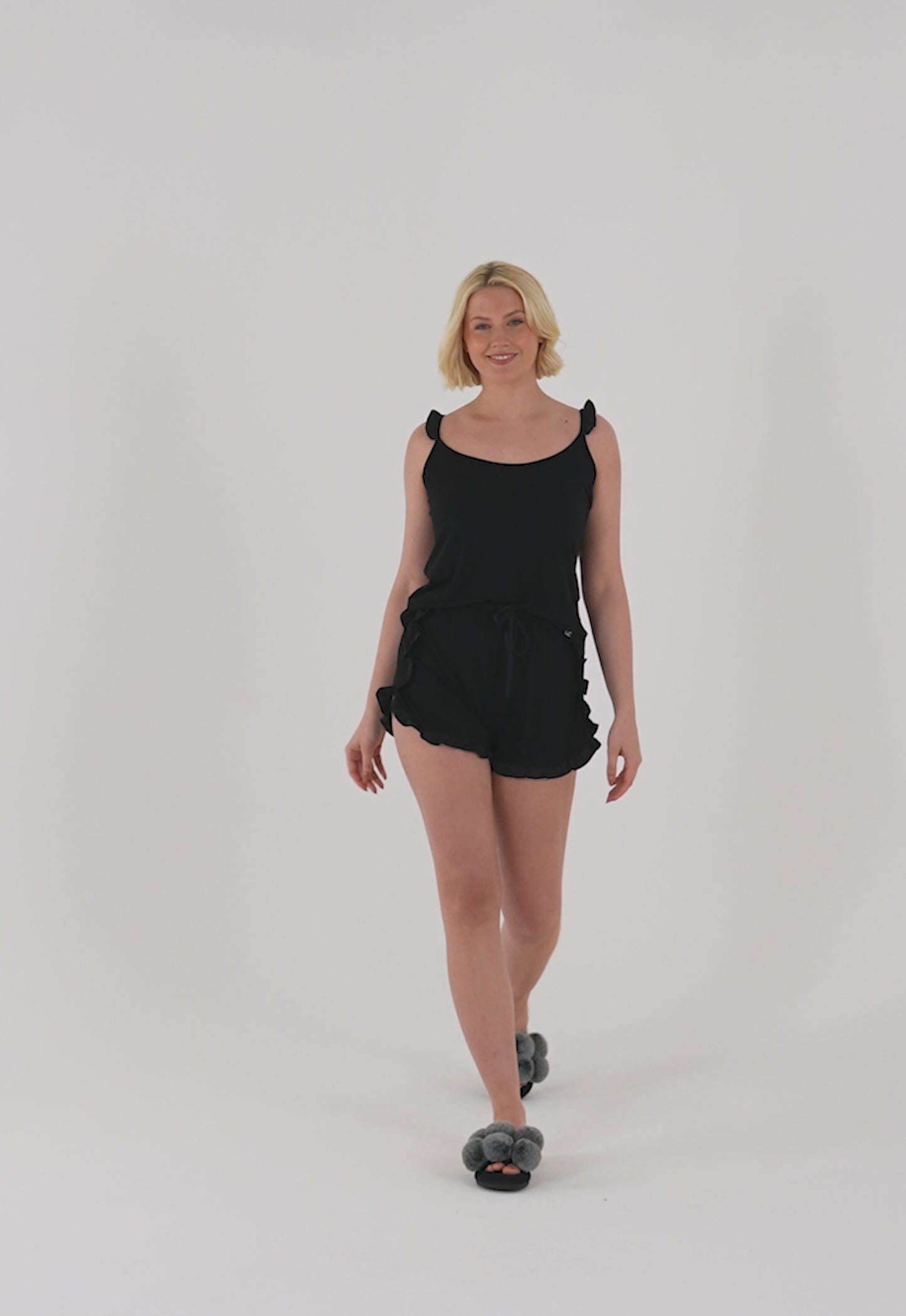
                  
                    Load and play video in Gallery viewer, Bamboo Frill Cami Short Pyjama Set in Black
                  
                