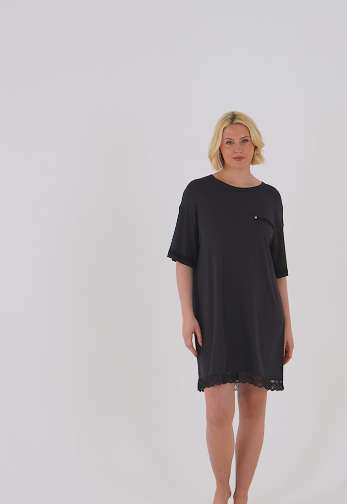 
                  
                    Load and play video in Gallery viewer, Bamboo Lace Tee Dress in Raven
                  
                