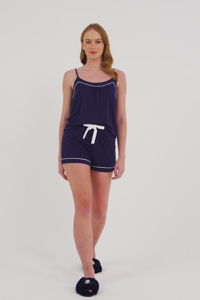 
                  
                    Load and play video in Gallery viewer, Bamboo Cami Short Pyjama Set in Midnight
                  
                