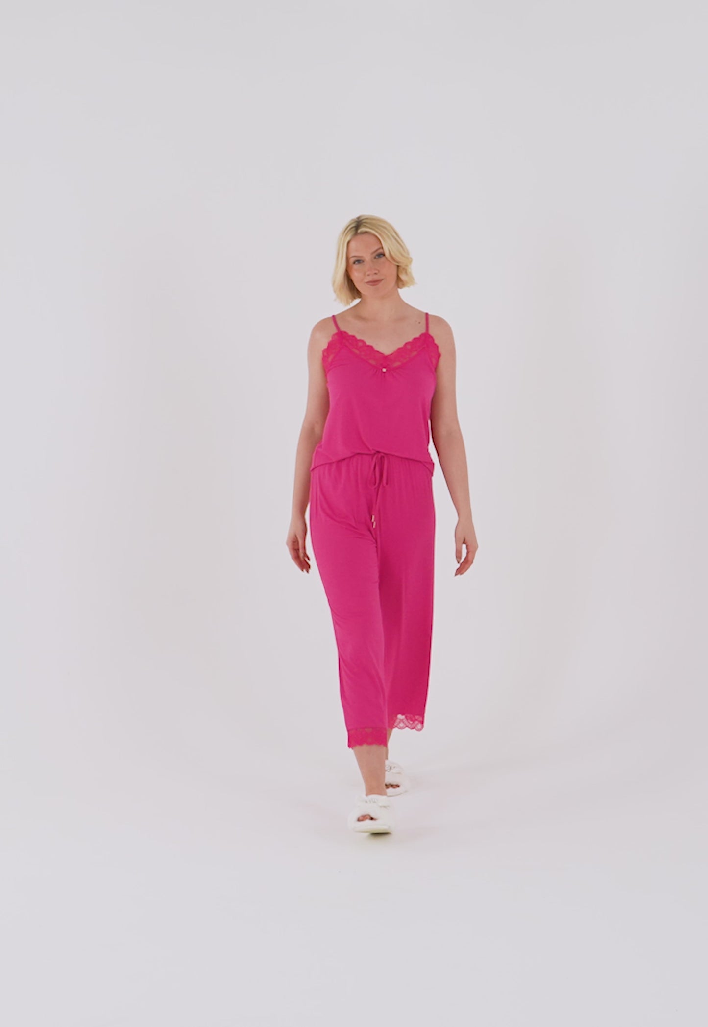 
                  
                    Load and play video in Gallery viewer, Bamboo Lace Cami Cropped Trouser Pyjama Set in Raspberry
                  
                