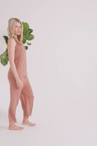 Bamboo Lace Cami Cropped Trouser Pyjama Set in Mocha - Pajamas