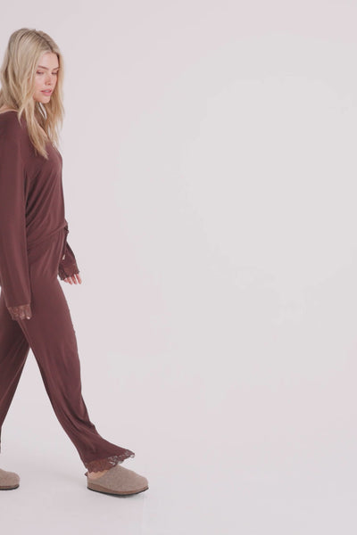 Bamboo Lace V-Neck Pyjama Set in Chocolate - Pajamas