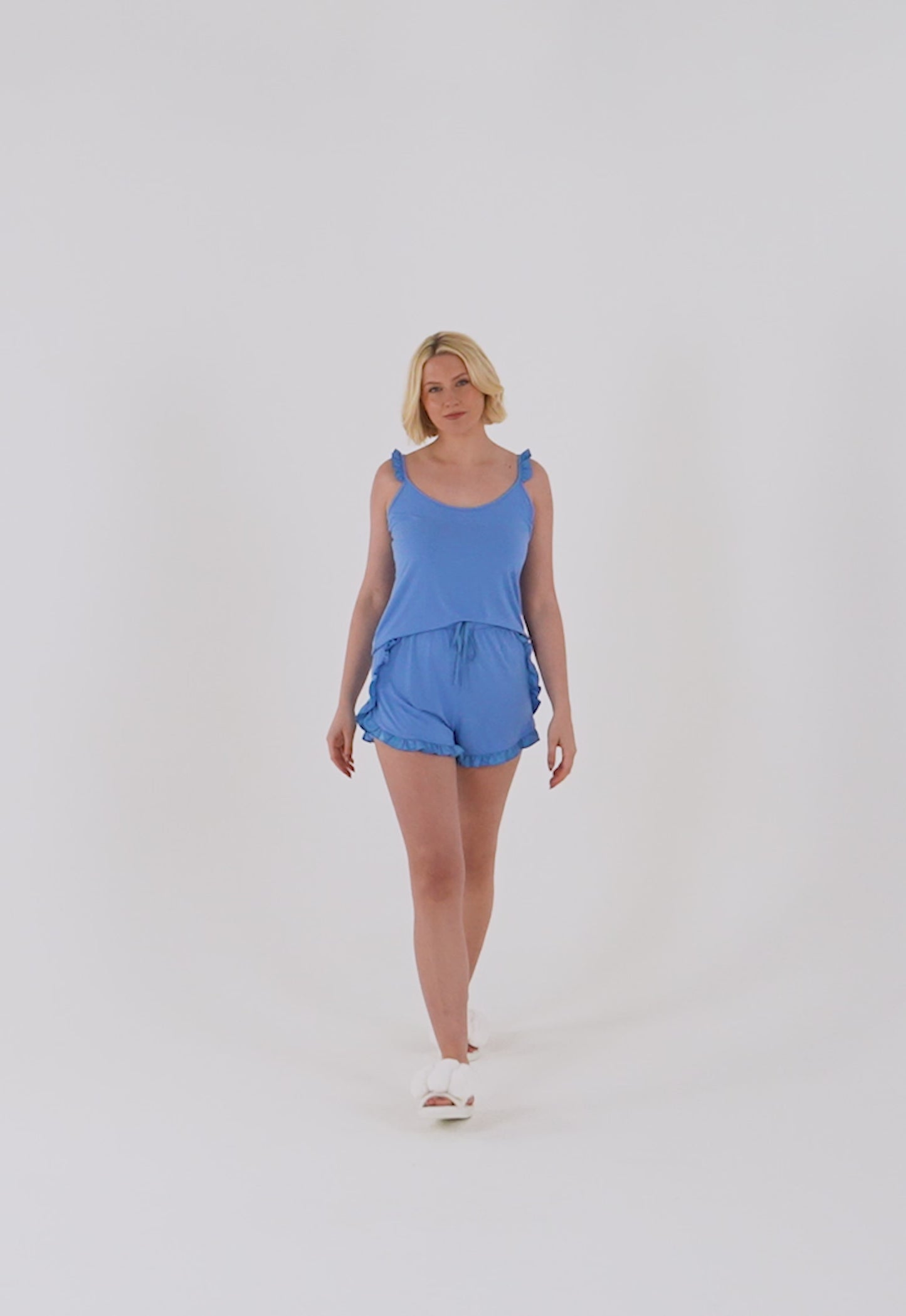 
                  
                    Load and play video in Gallery viewer, Bamboo Frill Cami Short Pyjama Set in Cornflower Blue
                  
                