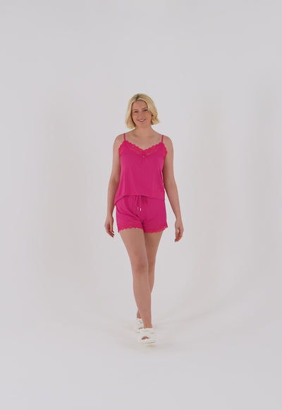 Bamboo Lace Cami Short Pyjama Set in Raspberry - Wholesale - Pajamas