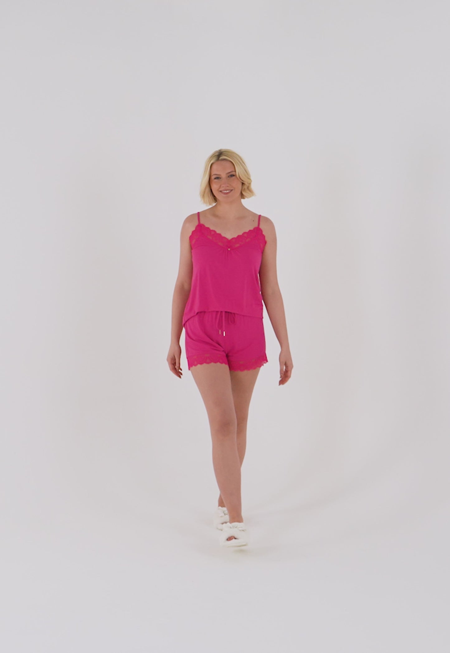 
                  
                    Load and play video in Gallery viewer, Bamboo Lace Cami Short Pyjama Set in Raspberry
                  
                
