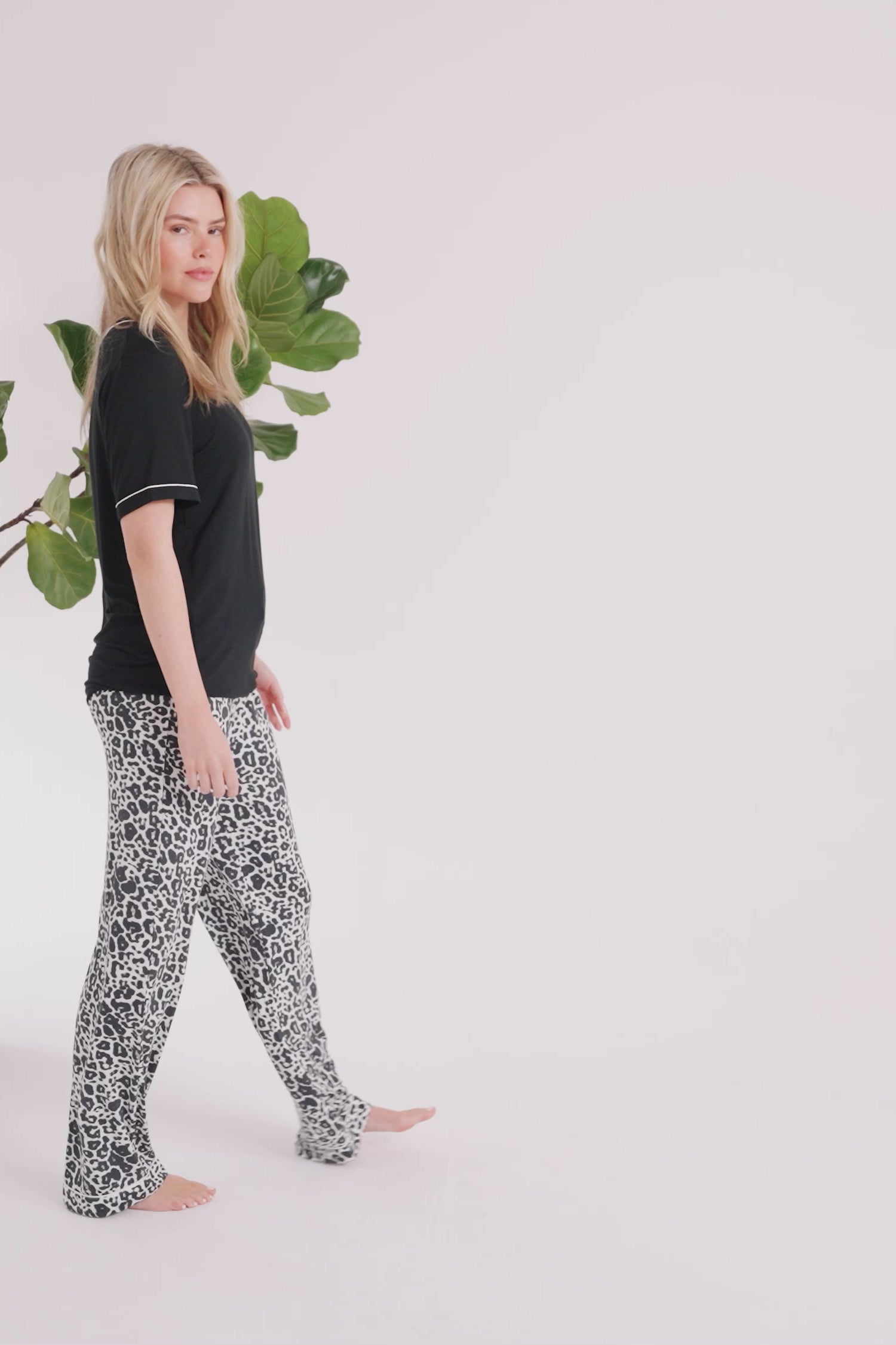 Bamboo Tee and Trouser Set in Black / Luxe Leopard - Pajamas