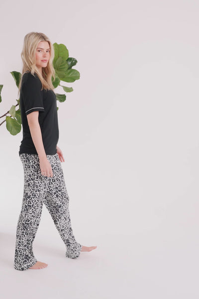 Bamboo Tee and Trouser Set in Black / Luxe Leopard - Pajamas
