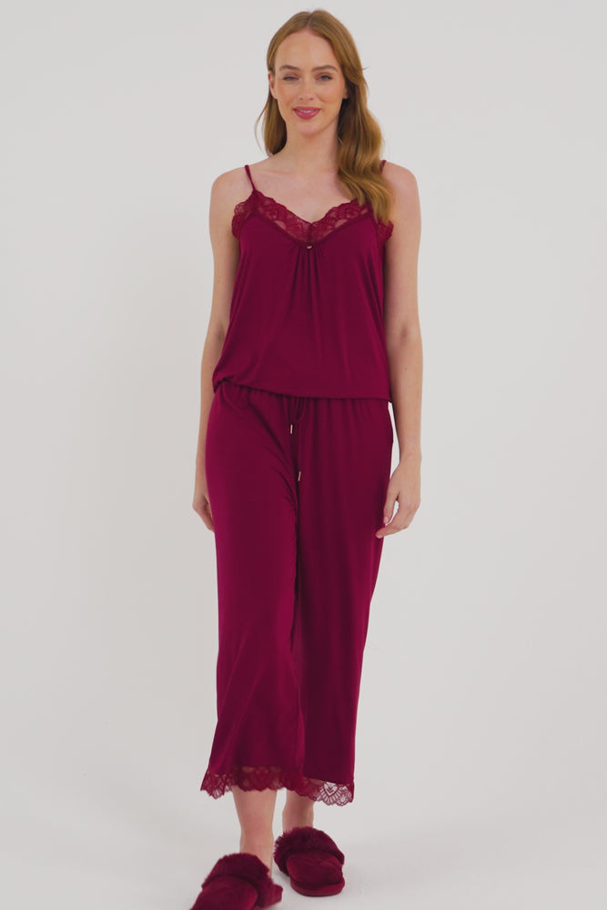 
                  
                    Load and play video in Gallery viewer, Bamboo Lace Cami Cropped Trouser Pajama Set in Bordeaux
                  
                
