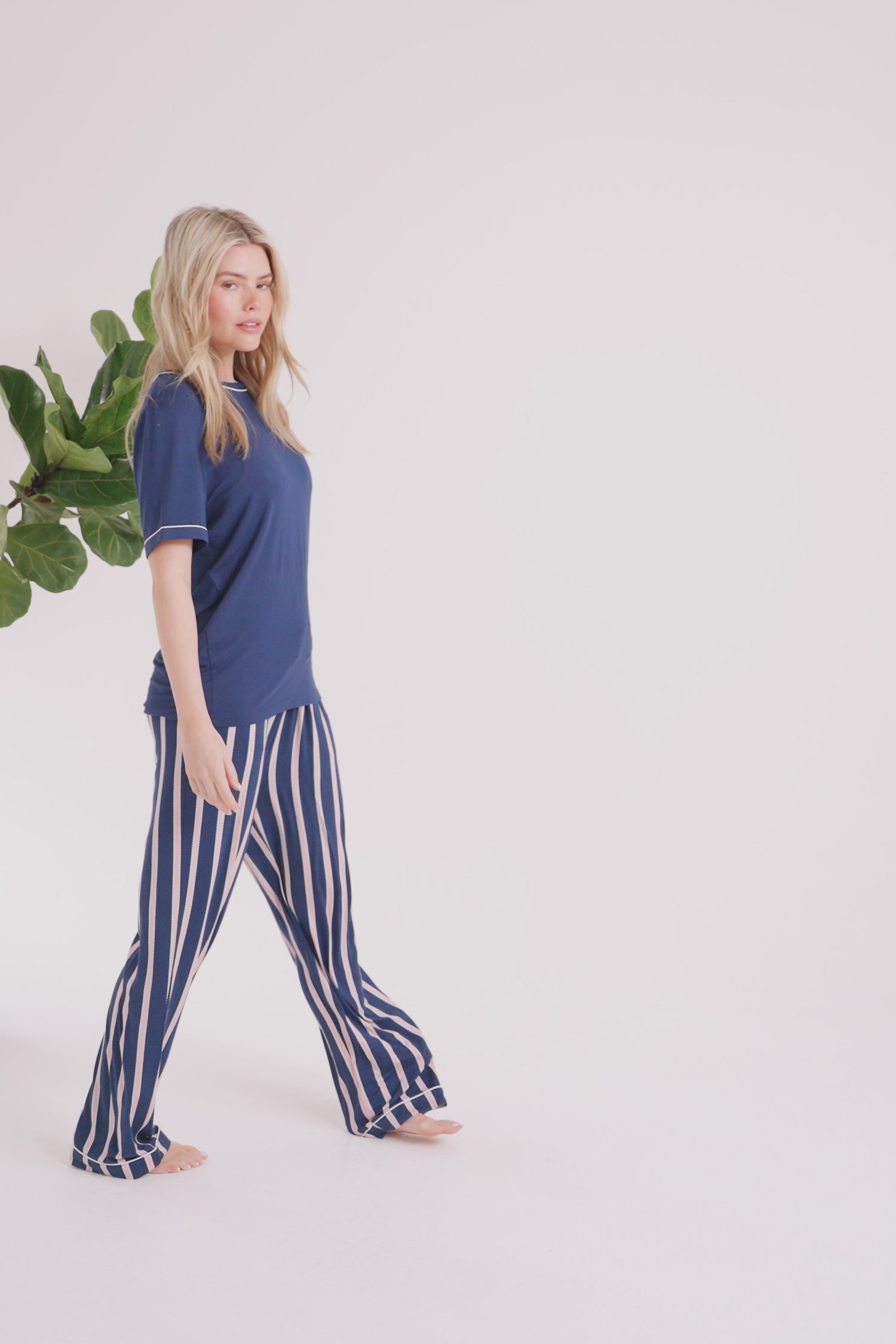Bamboo Tee and Trouser Set in Midnight Stripe - Pajamas