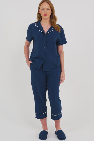 Luxury Suite Waffle Short Shirt Trouser Set in White - Pajamas