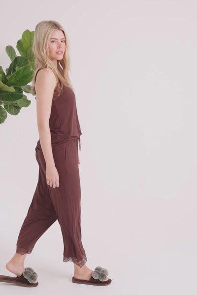 Bamboo Lace Cami Cropped Trouser Pyjama Set in Chocolate - Pajamas