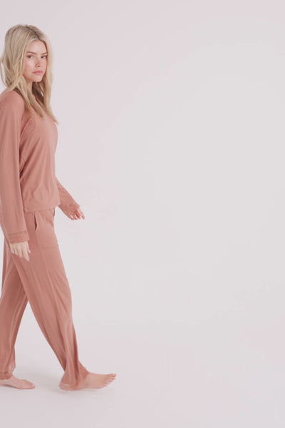 Bamboo Lace V-Neck Pyjama Set in Mocha - Pajamas