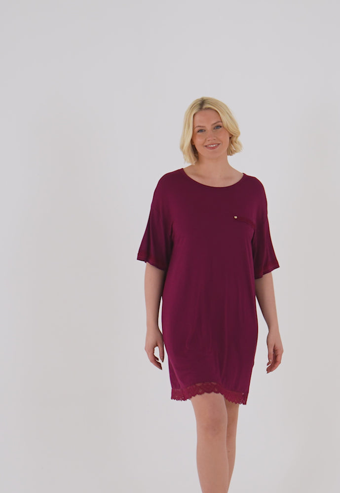 
                  
                    Load and play video in Gallery viewer, Bamboo Lace Tee Dress in Bordeaux
                  
                