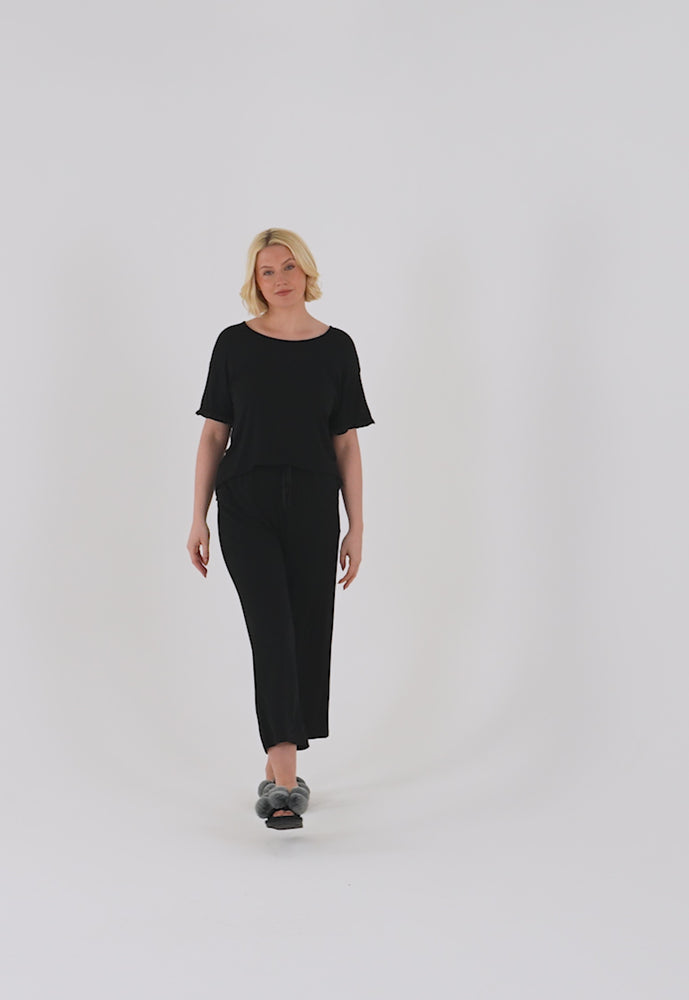
                  
                    Load and play video in Gallery viewer, Bamboo Frill Tee Trouser Set in Black
                  
                