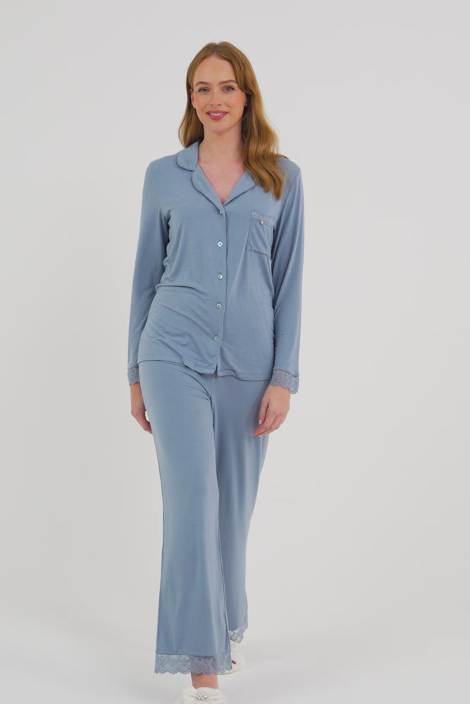 
                  
                    Load and play video in Gallery viewer, Bamboo Lace Pyjama Set in Blue Mist
                  
                