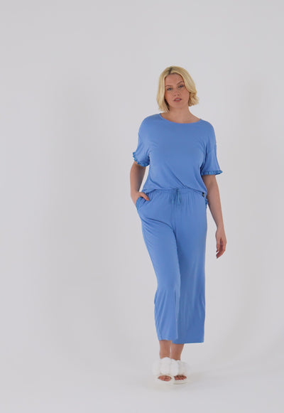 Bamboo Frill Tee Trouser Set in Cornflower Blue - Pajamas