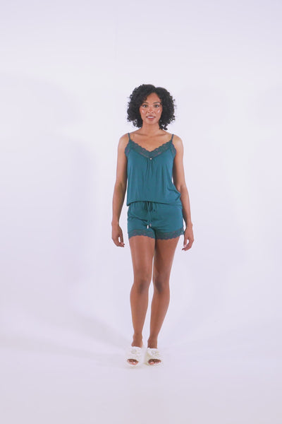 Bamboo Lace Cami Short Pyjama Set in Teal - Wholesale - Pajamas