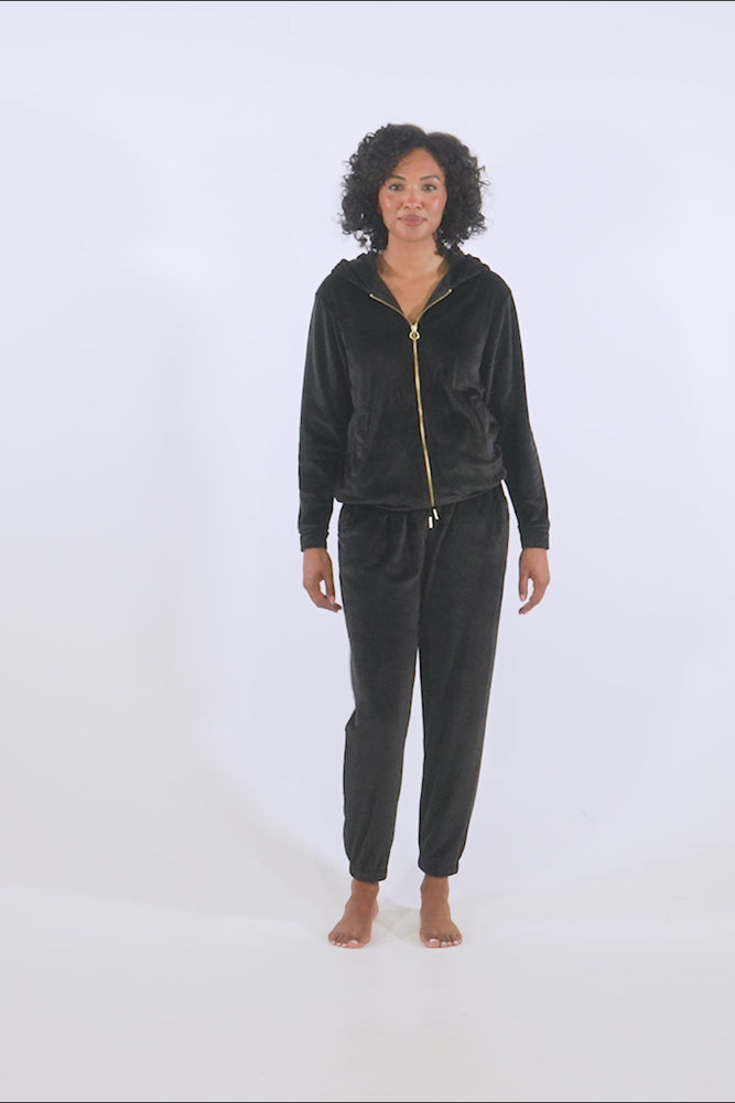 
                  
                    Load and play video in Gallery viewer, Velour Hoody Jogger Set in Black
                  
                