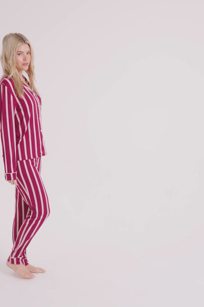 Bamboo Long Pyjama Set in Bordeaux Stripe - Wholesale - Pajamas