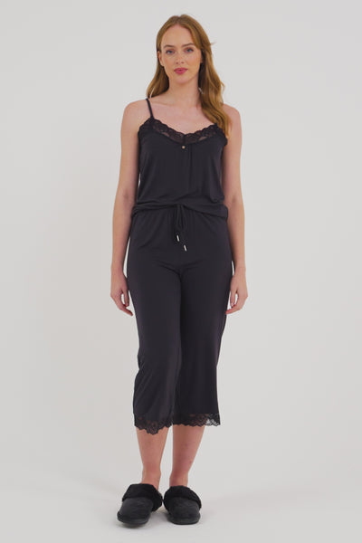Bamboo Lace Cami Cropped Trouser Pyjama Set in Raven - Pajamas