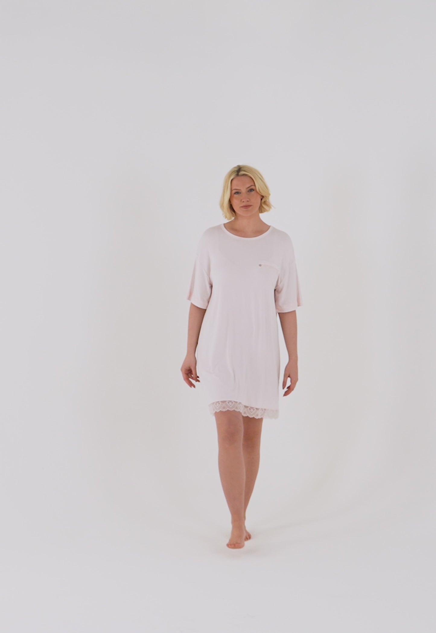
                  
                    Load and play video in Gallery viewer, Bamboo Lace Tee Dress in Powder Puff
                  
                
