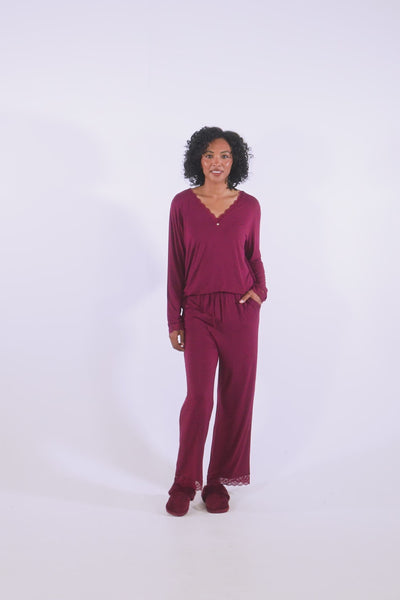 Bamboo Lace V-Neck Pyjama Set in Bordeaux - Pajamas