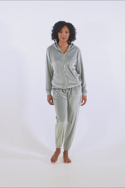 Velour Hoody Jogger Set in Grey - Loungewear