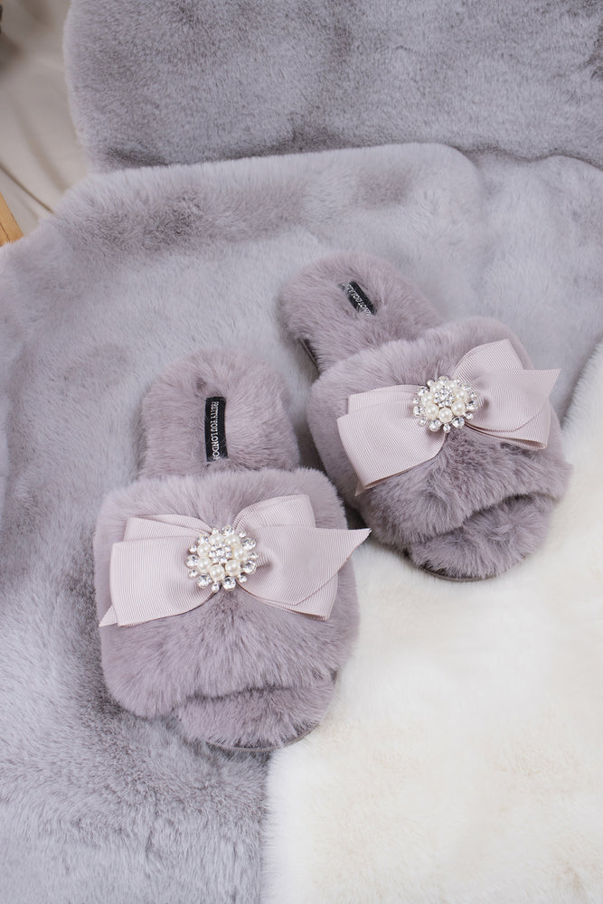 Anya women's slider slippers in mink using the softest faux furs and topped with a premium grosgrain bow finished with a jewel pearl embellishment from Pretty You London