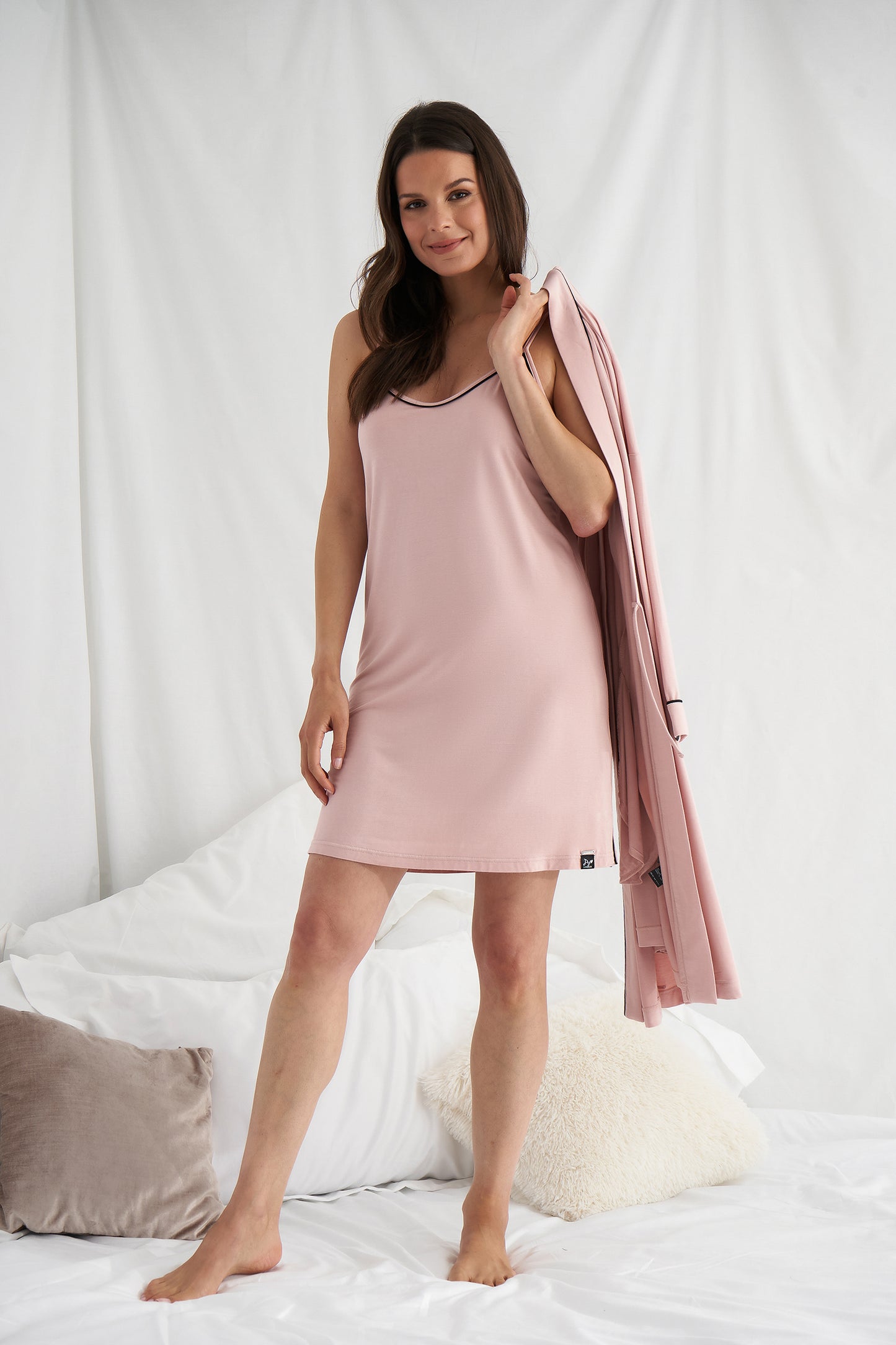 
                  
                    Women's Bamboo Chemise Nightdress in Pink with contrasting piping and adjustable straps from Pretty You London
                  
                
