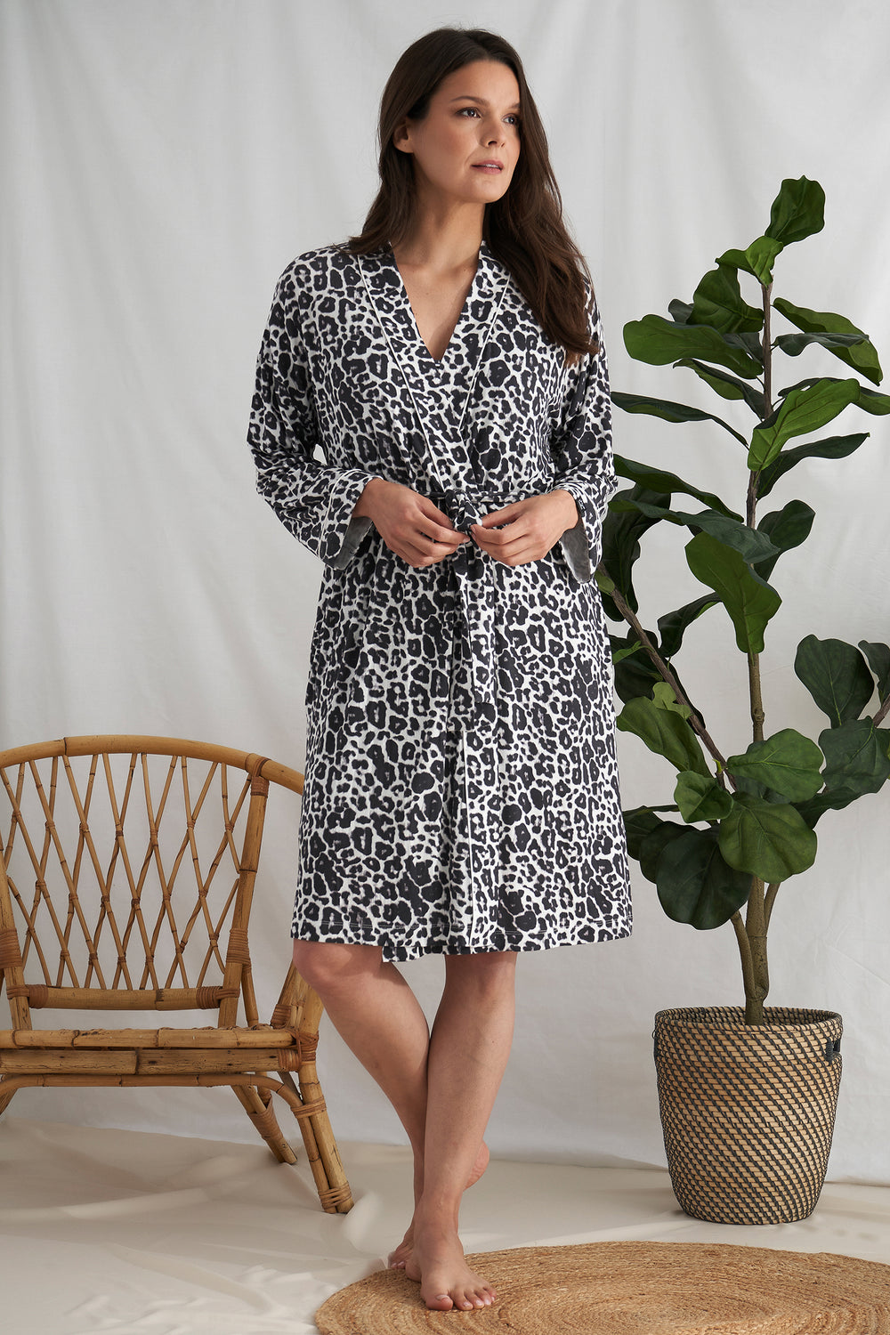 Women's Bamboo Kimono Robe in Luxe Leopard with functional tie and deep pockets from Pretty You London